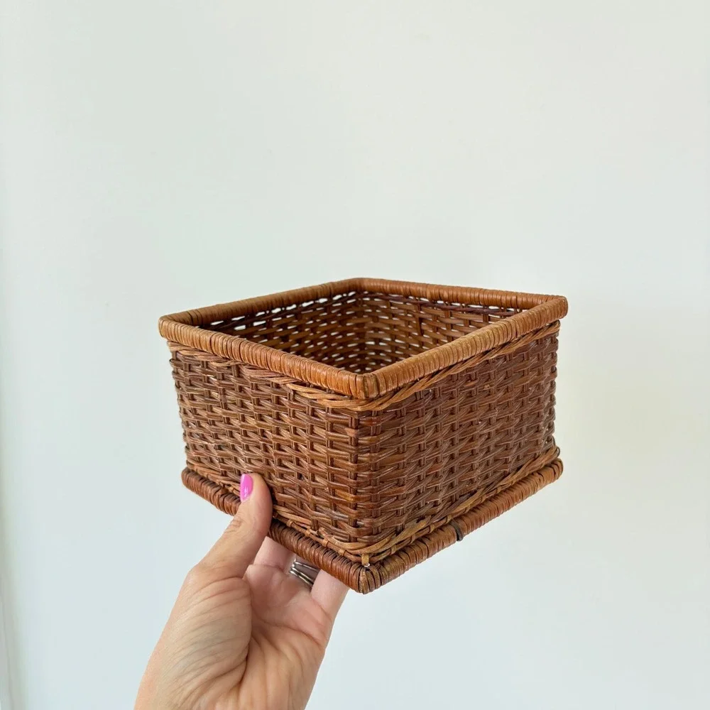 Vintage Square Wicker Storage Basket Brown Woven Rustic Home Decor Organizer